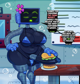 areola balls belly big_areola big_balls big_breasts big_butt big_penis bikini breasts burger butt clothing computer computer_monitor crossgender electronics eyes_closed fast_food fast_food_(food) fast_food_restaurant female flower flower_accessory flower_on_head food ftg_crossgender fti_crossgender genitals gynomorph huge_breasts huge_butt huge_penis intersex machine navel penis plant slightly_chubby slightly_chubby_female slightly_chubby_intersex solo swimwear two-piece_swimsuit somescrub nickelodeon spongebob_squarepants karen_plankton humanoid robot robot_humanoid hi_res