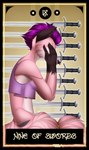 accessory anthro bottomwear card card_template clothing ear_piercing female fortune_telling fur furgonomics hair hand_on_face jewelry major_arcana melee_weapon pants piercing pink_body pink_fur purple_hair ring shirt side_view solo sword tail tail_accessory tail_jewelry tail_ring tank_top tarot tarot_card topwear weapon worried eurikagray bubblegum_(jimfoxx) canid canine fox mammal 2018 hi_res