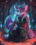 anthro clothed clothing collar detailed_background ear_piercing ear_ring facial_piercing female forest horn jewelry lip_piercing pendant piercing plant ring_piercing solo tongue tongue_out tongue_piercing tree lostgoose hybrid mammal 2024 4:5 hi_res