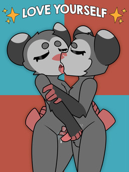 anthro anthro_on_anthro balls countershade_face countershading crossgender duo emanata eyes_closed female fingering french_kissing genitals gloves_(marking) handjob kissing male male/female markings mutual_masturbation nude nude_anthro nude_female nude_male pattern_background penile penis selfcest sex simple_background square_crossover text vaginal vaginal_fingering vulva lupopossum lupo_(lupopossum) american_opossum mammal marsupial 2025 english_text hi_res