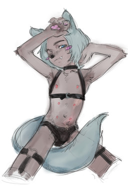 adolescent anthro armpit_hair body_hair bulge clothing cute_fangs fangs hair harness long_hair looking_at_viewer male male_anthro multi_nipple nipples one_eye_closed pose raised_arms seductive simple_background solo speedo swimwear tail teeth young young_anthro young_male shinni canid canine mammal 2025 hi_res pinup