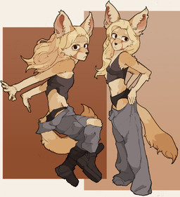 anthro big_ears biped black_boots black_clothing black_eyes black_footwear black_nose black_topwear black_underwear blonde_hair boots bottomwear breasts clothing clothing_grab eyebrows female fluffy fluffy_ears fluffy_tail footwear grey_bottomwear grey_clothing grey_pants hair long_hair looking_at_viewer midriff mouth_closed multicolored_body oversized_clothing panties pants shoes simple_background small_breasts solo standing tail tan_body topwear two_tone_body underwear yellow_body hhonchkrow234 canid canine fennec_fox fox mammal true_fox hi_res