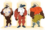 anthro big_nipples blue_nipples bottomwear bulge clothing coveralls grey_nipples group male muscular muscular_male nipples overalls pecs red_nipples shorts trio metrothefox benjamin_beboux bernard_beboux birbal_beboux avian bird blue-footed_booby booby_(bird) sulid suliform 2022 absurd_res hi_res brother_(lore) brothers_(lore) sibling_(lore)