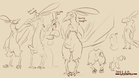 anthro anus backsack balls embarrassed erection feathers flaccid genitals group humanoid_genitalia male penis tapering_penis text impwolsniw winslow_(impwolsniw) avian 16:9 hi_res sketch sketch_page widescreen