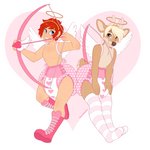 anthro arrow_(weapon) big_diaper bow_(weapon) clean_diaper clothed clothing diaper duo fur heart_symbol holding_object holding_weapon holidays male ranged_weapon simple_background weapon wearing_diaper wings strawberryneko valentine's_day cupid deer human mammal 1:1 hi_res