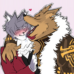 anthro arm_around_partner black_clothing black_jacket black_nails black_topwear black_vest blush bodily_fluids claws clothing colored_nails cravat drooling duo ear_piercing eyes_closed face_lick heart_symbol jacket licking male male/male nails one_eye_closed paws piercing red_clothing red_jacket red_topwear saliva sharp_teeth shirt smile teeth tongue topwear vest whiskers white_clothing white_shirt white_topwear sour-chai ace_attorney capcom miles_edgeworth shi-long_lang canid canine canis domestic_cat felid feline felis mammal wolf 1:1 digital_media_(artwork) hi_res