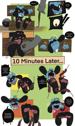 3_toes anthro black_body black_fur black_speech_bubble blue_body blue_fur dialogue disembodied_hand duo eyes_closed feet foot_fetish fur fur_tuft head_tuft holding_feather interrogation laugh loose_feather male multicolored_body multicolored_fur open_mouth open_smile pawpads paws pink_pawpads pink_tongue red_eyes restrained restraints scarf smile speech_bubble stocks talking_to_another teeth text tickle_fetish tickle_torture tickling tickling_feet toes tongue tongue_out tuft two_tone_body two_tone_fur yellow_sclera darqlugia nintendo pokemon max_the_riolu generation_4_pokemon pokemon_(species) riolu absurd_res english_text hi_res