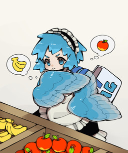 apple banana blue_body blue_eyes blue_feathers blue_hair blue_wings clothed clothing feathered_wings feathers female food fruit grocery_store hair light_body light_skin maid_headdress maid_uniform plant simple_background solo thinking thought_bubble uniform white_background wings i7go34 european_mythology greek_mythology mythology animal_humanoid avian humanoid mythological_avian mythological_creature hi_res