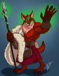 anthro bag biceps bottomwear clothing dalkr fur glowing illuminating kilt light magic muscular paws runes smile smirk solo sporran staff viknig wood thebigbadwolf01 moonfire canid canine canis mammal wolf hi_res