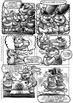 anthro balls bottomwear camera clothing dialogue duo food genitals group hat headgear headwear male overweight overweight_male shirt shorts text topwear jwbalsley boss_rat chester_the_rat stinky_the_rat mammal murid murine rat rodent 2026 comic english_text hi_res monochrome