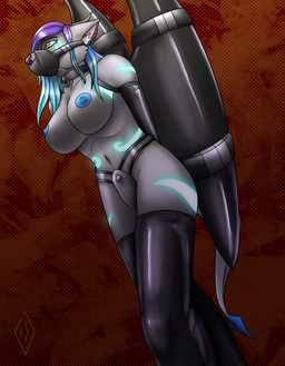 anthro armbinder bdsm binder_(restraint) bondage bondage_gear bound breasts chastity_belt chastity_device clothing collar female glowing glowing_markings horn latex legwear looking_forward markings muzzle_(object) muzzled nipples restraints solo stockings wingbinders magicdawn canid canine hybrid mammal hi_res