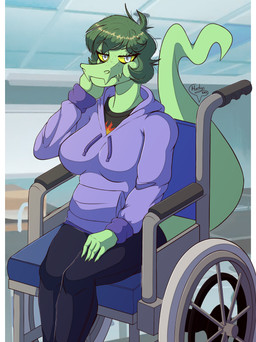 anthro big_breasts biped black_bottomwear black_clothing black_pants black_shirt black_topwear bottomwear breasts classroom clothed clothed_anthro clothed_female clothing disability eyebrow_through_hair eyebrows female fingers freckled_face freckles front_view green_body green_hair green_scales grey_eyes hair half-closed_eyes hand_on_cheek hoodie humanoid_hands inside long_tail looking_at_viewer medium_hair narrowed_eyes non-mammal_breasts pants paraplegic purple_clothing purple_hoodie purple_topwear scales school shadow shirt sitting solo tail text topwear translucent translucent_hair vehicle wheelchair yellow_sclera marilyn-toxic cavemanon_studios i_wani_hug_that_gator olivia_halford baryonyx dinosaur prehistoric_species reptile scalie spinosaurid theropod absurd_res artist_name colored hi_res portrait shaded three-quarter_portrait