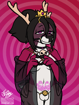 abstract_background anthro antlers balls bangs bone breasts chastity_cage chastity_device choker clothing corruption dress flat_chastity_cage gender_transformation genitals gesture gold_(metal) gold_chastity_cage gold_chastity_device gynomorph hair halter heart_gesture horn hypnosis intersex jewelry mind_control necklace parasite pink_body pink_eyes reins side_butt skull skull_accessory skull_necklace smile solo spiral spiral_background straps text tied_hair transformation translucent translucent_clothing womb_tattoo frooby tyr_gallant cervine deer mammal sika_deer 3:4 absurd_res hi_res signature url