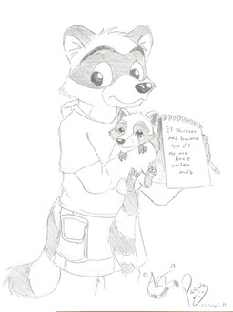 ambiguous_feral ambiguous_gender anthro clothed clothing duo feral holding_another holding_notebook male male_anthro mouth_closed simple_background standing young young_anthro young_male pandapaco art_(pandapaco) mammal procyonid raccoon 2011 dated monochrome signature sketch