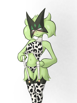 animal_print anthro anthrofied belly biped blush breasts clothing cow_print embarrassed eyebrows eyelashes female female_anthro fur green_body green_fur green_hair green_mask hair legwear looking_away mask medium_breasts mouth_closed navel panties pink_eyes pokemorph pupils simple_background small_pupils solo standing sweater text thick_thighs thigh_highs topwear turtleneck underwear white_background additionalespeon333 nintendo pokemon felid feline generation_9_pokemon mammal meowscarada pokemon_(species) 2026 3:4 absurd_res artist_name colored digital_drawing_(artwork) digital_media_(artwork) hi_res portrait shaded