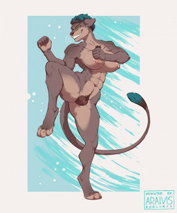 abs anthro bared_teeth biped breasts female fingers front_view fur genitals green_eyes nipple_piercing nipples nude nude_anthro nude_female on_one_leg piercing pubes smile solo standing tail tail_tuft teeth tuft vulva araivis-edelveys felid lion mammal pantherine 2026 digital_drawing_(artwork) digital_media_(artwork) hi_res