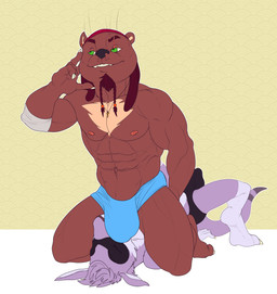 5_fingers anthro anthro_on_anthro arm_tuft bandage bandaged_arm barefoot beard belly big_muscles big_pecs black_clothing black_nose black_speedo black_swimwear blue_clothing blue_speedo blue_swimwear braided_beard brown_arms brown_beard brown_belly brown_body brown_chest brown_ears brown_eyebrows brown_facial_hair brown_fingers brown_fur brown_hair brown_hands brown_inner_ear brown_neck bulge bulge_size_difference cheek_tuft claws clothed clothed_anthro clothed_male clothing cross cross_necklace digitigrade dreadlocks duo ear_piercing ear_stud ear_tuft erection erection_under_clothing eyebrows eyes_closed facial_hair facial_scar facial_tuft feet fingers fingers_on_face fur goatee green_eyes hair half-closed_eyes hand_on_ground hand_on_leg head_tuft humanoid_hands interspecies jewelry kerchief looking_away looking_up male male/male multicolored_body multicolored_fur muscular muscular_anthro muscular_arms muscular_male muscular_thighs narrowed_eyes navel necklace nipples obliques open_mouth open_smile pecs piercing pink_nipples pink_nose pinned pinned_to_ground pose purple_body purple_ears purple_fur purple_hair purple_head purple_legs red_kerchief scar serratus simple_background skimpy small_ears smile speedo swimwear tan_chest tan_inner_ear three-quarter_view tight_clothing topless topless_anthro topless_male tuft two_tone_body two_tone_chest two_tone_fur two_tone_head two_tone_legs white_background white_body white_claws white_feet white_fur white_head white_inner_ear white_legs white_toes wrestling wrestling_briefs yellow_background bristol thunderclap_(uru) unnamed_character kangaroo macropod mammal marsupial mustelid otter 2021 absurd_res colored digital_drawing_(artwork) digital_media_(artwork) flat_colors full-length_portrait hi_res portrait