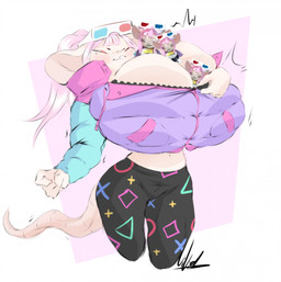 3d_glasses anthro big_breasts breasts cleavage clothed clothing eyewear female fur glasses hair half-closed_eyes huge_breasts leggings legwear narrowed_eyes one_eye_closed pink_body pink_hair pink_skin plushie smile solo white_body white_fur winter_jacket dullvivid kimberly_(dullvivid) mammal mouse mousemallow murid murine rodent hi_res