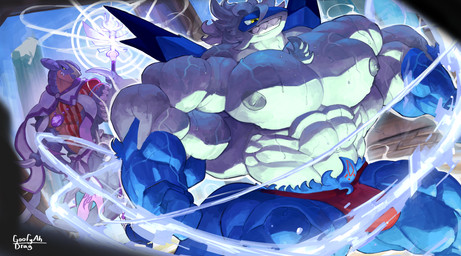 3_fingers abs anthro arm_markings belly biceps big_muscles black_sclera blue_body bodily_fluids bottomwear bulge chest_tuft closed_smile clothed clothed_anthro clothed_male clothing countershade_face countershade_neck countershade_torso countershading duo fingers front_view furrowed_eyebrows hair holding_object holding_staff huge_muscles hyper hyper_muscles jewelry looking_at_another looking_at_self magic male markings mouth_closed multicolored_body muscular muscular_anthro muscular_male nipples non-mammal_nipples overbite pecs pendant pillar pupils purple_bottomwear purple_clothing purple_topwear red_clothing red_markings red_thong red_underwear sky smile solo_focus staff standing sweat sweaty_arms sweaty_belly sweaty_chest tan_body tan_countershading text thong thong_only toothy_grin topless topwear torso_markings tuft two_tone_body underwear underwear_only vein veiny_muscles white_aura white_body white_bottomwear white_clothing white_hair white_sclera white_topwear wind yellow_eyes goofyahdragons nintendo pokemon aeon_(latiosaeon) mingi_(fabulousmingo) garchomp generation_3_pokemon generation_4_pokemon latios legendary_pokemon pokemon_(species) 2026 artist_name digital_drawing_(artwork) digital_media_(artwork) english_text hi_res portrait three-quarter_portrait