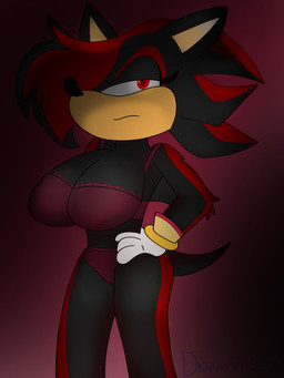 anthro black_body crossgender female non_nude pose red_eyes safety shadow simple_background solo idw_publishing sega sonic_boom sonic_the_hedgehog_(comics) sonic_the_hedgehog_(idw) sonic_the_hedgehog_(series) fan_character shadow_the_hedgehog eulipotyphlan hedgehog mammal 3:4 hi_res pinup