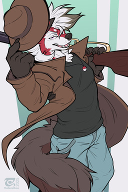 5_fingers anthro biped bottomwear claws clothed clothed_anthro clothed_male clothing finger_claws fingers front_view fully_clothed fully_clothed_anthro fully_clothed_male fur grey_tail gun hair hat headgear headwear holding_gun holding_object holding_ranged_weapon holding_weapon male open_clothing open_mouth open_topwear pants purple_eyes ranged_weapon red_body red_fur shirt simple_background solo tail teeth tongue topwear weapon white_hair thesecretcave nintendo pokemon generation_7_pokemon lycanroc midnight_lycanroc pokemon_(species) 2025 2:3 dated digital_drawing_(artwork) digital_media_(artwork) hi_res