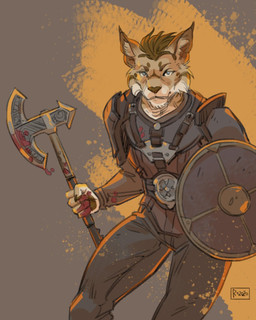 anthro armor axe biped blood blue_eyes bodily_fluids brown_hair clothed clothing fur hair holding_object holding_shield holding_weapon looking_at_viewer male shield simple_background solo standing weapon skitalets bethesda_game_studios microsoft skyrim the_elder_scrolls felid feline khajiit mammal 4:5 colored hi_res portrait three-quarter_portrait