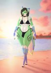 anthro beach big_breasts breasts bulge clothed clothing curvy_figure detailed_background eyebrows fur gynomorph hair intersex lipstick makeup outside sand seaside sky smile solo swimwear water bilabee canid canine fox mammal absurd_res digital_media_(artwork) hi_res