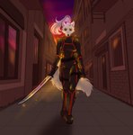 5_fingers alley anthro black_nose bodysuit boots breasts clothed clothing eye_scar facial_scar female fingers footwear fur gloves hair handwear holding_melee_weapon holding_object holding_sword holding_weapon humanoid_hands inner_ear_fluff looking_at_viewer melee_weapon outside ponytail red_eyes scar shoes skinsuit solo sunset sword tight_clothing tuft walking weapon white_body white_fur white_hair cinnameana murmur_(slanda) arctic_fox canid canine fox mammal true_fox 2022 digital_media_(artwork) hi_res