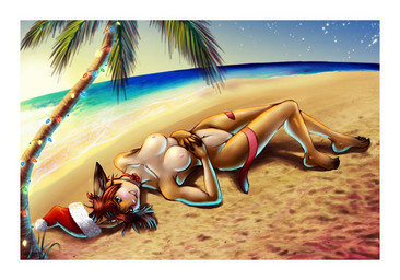 anthro barefoot beach belly biped blush border breasts brown_body brown_fur brown_hair casual_nudity christmas_clothing christmas_headwear clothing detailed_background eyelashes feet female fur hair hat headgear headwear holidays humanoid_feet humanoid_hands light lying navel nipples nude nude_beach on_back open_mouth open_smile outside palm_tree pink_nipples pink_nose pink_tongue plant plantigrade pose red_hair ribbons sand santa_hat seaside short_hair sky slim smile solo star starry_sky sunlight sunset tan_belly tan_body tan_fur tongue tree water white_border locopelli shana christmas felid mammal pinup