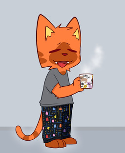 3_toes barefoot clothing coffee_mug container cup eyes_closed fangs feet fur holding_container holding_cup holding_mug holding_object male mug open_mouth orange_body orange_fur pajamas plantigrade red_eyes solo tail teeth tired tired_eyes toes crushpepper bandai_namco pac-man_(series) pac-man pepper_(crushpepper) domestic_cat felid feline felis mammal hi_res