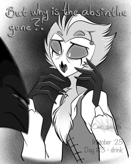 anthro beak chest_tuft clothed clothing dialogue duo feathers male mouth_closed multi_eye open_mouth shirt text topwear tuft vest atimon disney hellaverse helluva_boss pirates_of_the_caribbean blitzo_(helluva_boss) stolas_(helluva_boss) avian demon imp 2025 4:5 english_text hi_res monochrome signature