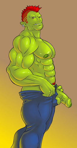 abs athletic balls biceps big_muscles big_penis bottomwear clothed clothing denim denim_bottomwear denim_clothing ear_piercing fangs foreskin genitals green_body green_nipples green_skin hair half-erect humanoid_genitalia humanoid_penis humanoid_pointy_ears jeans looking_at_viewer male mohawk muscular muscular_male nipples not_furry pants partially_retracted_foreskin pecs penis piercing pointy_ears red_eyes red_hair side_view solo standing teeth thick_penis topless tusks vein lesserconjuror humanoid orc hi_res