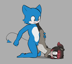 age_difference anthro belly blue_body duo eyewear female fluffy fluffy_tail freckled_face freckles genitals glasses green_eyes grey_body highlights_(coloring) holding_leg holding_leg_up kneeling loli lying male markings navel nude on_side one_eye_closed penetration penis red_highlights ring_(marking) ringed_tail sex size_difference smile spade_tail striped_markings striped_tail stripes tail tail_markings vaginal vaginal_penetration wearing_glasses white_belly young e254e rebecca_lane zan_(zanthippe1) demon mammal procyonid raccoon hi_res