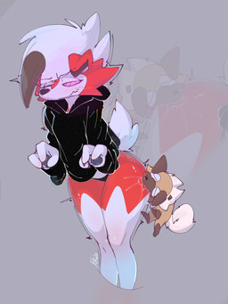 anthro clothing duo female fur hair male male/female multicolored_body multicolored_fur pokemorph red_body red_fur tail p_trolio nintendo pokemon canid canine generation_7_pokemon lycanroc mammal midnight_lycanroc pokemon_(species) 3:4 hi_res