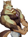 anthro beverage biceps blush brown_body brown_fur clothing coffee coffee_cup container crystal cup drinking drinking_straw fur jewelry male muscular muscular_anthro muscular_male necklace pecs shirt solo tank_top topwear tokuni lifewonders live_a_hero pubraseer canid canine canis domestic_dog mammal absurd_res hi_res