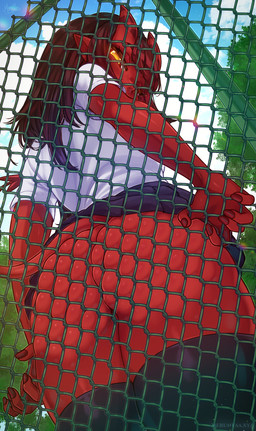 5_fingers biped blush bottomwear butt chain-link_fence clothed clothing colored_nails female fence fingers freckles hair horn humanoid_pointy_ears legwear looking_at_viewer looking_down looking_down_at_viewer low-angle_view nails narrowed_eyes no_underwear not_furry outside plant pleated_skirt pointy_ears rear_view red_body red_nails red_skin shirt skindentation skirt sky solo spade_tail tail thigh_highs topwear tree upskirt white_clothing white_shirt white_topwear merunyaa meru_(merunyaa) demon demon_humanoid horned_humanoid humanoid tailed_humanoid 2023 hi_res