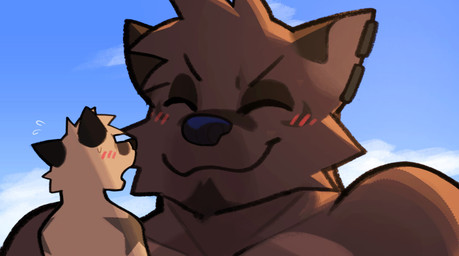 anthro arm_markings blush blush_lines bodily_fluids brown_body cloud cloudy_sky day duo ear_piercing extreme_size_difference eyes_closed flustered happy male markings micro outside piercing shoulder_markings size_difference sky smile star_(marking) sweat sweatdrop rygel_spkb milo_(rygel_spkb) yoby_(rygel_spkb) canid canine canis mammal wolf digital_media_(artwork) hi_res