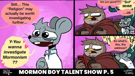 3_panel_comic anthro bodily_fluids brown_body brown_feathers cellphone cheek_tuft chin_tuft clothing collared_shirt crying dialogue duo electronics facial_tuft feathers fur grey_body grey_fur half-closed_eyes hoodie humor male narrowed_eyes open_mouth open_smile overweight overweight_anthro overweight_male phone polo_shirt shirt smartphone smile speech_bubble sweat sweatdrop tears tears_of_joy teary_eyes text topwear tuft happyroadkill isaiah_the_mormon_mouse orin_owl avian bird mammal mouse murid murine owl rodent english_text hi_res