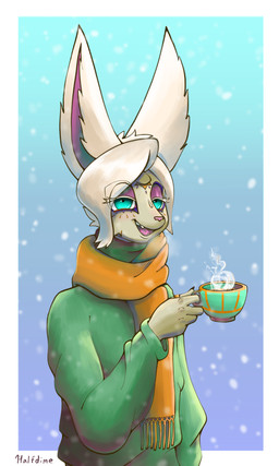 3_eyes anthro big_ears border cheek_tuft clothed clothing container cup eyelashes eyeliner facial_markings facial_tuft female fur gradient_background hair head_markings holding_container holding_cup holding_object humanoid_hands makeup markings multi_eye open_mouth open_smile pink_nose scarf simple_background smile smiling_at_viewer snow solo standing sweater tan_body tan_fur tea_cup teal_eyes teeth tongue topwear tuft white_border white_hair half_dime nintendo tears_of_the_kingdom the_legend_of_zelda mineru mammal zonai 3:5 absurd_res hi_res portrait three-quarter_portrait