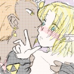 blonde_hair blush clothed clothing duo ear_piercing femboy fingerless_gloves gloves hair hand_on_wrist handwear humanoid_ears humanoid_on_humanoid humanoid_pointy_ears male male/male not_furry piercing pointy_ears print_clothing print_gloves print_handwear triforce triforce_clothing triforce_gloves triforce_handwear triforce_on_hand triforce_print wrist_grab unknown_artist nintendo the_legend_of_zelda ganondorf link gerudo humanoid hylian 1:1 low_res