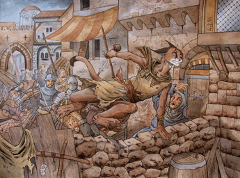 4_toes 5_fingers anthro day detailed_background digitigrade feet female fingers group holding_object holding_weapon male melee_weapon outside polearm spear toes weapon 0laffson shadi_(0laffson) caracal caracal_(genus) felid feline human mammal 2015 hi_res traditional_media_(artwork)