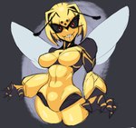 4_fingers abs antennae_(anatomy) anthro blonde_hair breasts dark_sclera featureless_breasts female fingers front_view grey_background hair insect_wings monster_girl_(genre) multicolored_body narrowed_eyes navel non-mammal_breasts red_eyes sharp_teeth simple_background small_waist smile solo teeth two_tone_body wings yellow_body chef_(artist) arthropod hornet hymenopteran insect vespid wasp 2019 digital_drawing_(artwork) digital_media_(artwork) half-length_portrait hi_res portrait