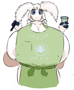 anthro apron apron_only areola areola_slip big_breasts blue_eyes breasts clothing coffee_cup container cup female huge_breasts hyper hyper_breasts looking_at_viewer mostly_nude pen simple_background solo text writing_utensil cactuscacti kay_(cactuscacti) arthropod insect lepidopteran moth english_text