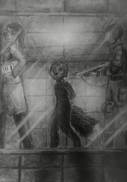 ambiguous_gender anthro armor biped black_body black_fur boots bottomwear clothed clothed_human clothing coat collar collar_only dipstick_tail eyewear faceless_character female fluffy fluffy_tail footwear forced fully_clothed fur glass glasses group guard gun hair hands_behind_back headgear holding_gun holding_object holding_ranged_weapon holding_weapon inside lab_coat laboratory larger_human light long_hair looking_at_viewer markings nude pants pointing_gun pointing_gun_at_another ranged_weapon science_fiction scientist shoes shotgun simple_background size_difference smaller_anthro solo_focus standing tail tail_markings topwear trio walking wall_(structure) weapon window tangerinefox casualties:_unknown canid canine expie_(gunsawian) ghost gunsawian human hybrid mammal murid rodent spirit 2026 absurd_res chalk_(artwork) charcoal_(artwork) graphite_(artwork) greyscale hi_res monochrome traditional_media_(artwork)