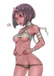 1_horn 5_fingers arm_wraps bandage bangs biped blunt_bangs breasts chest_wraps clothed clothed_female clothed_humanoid clothing dark_hair female female_humanoid fingers hair hand_on_belly horn navel not_furry open_mouth panties purple_eyes short_hair simple_background skimpy solo under_boob underwear white_background wraps wrist_wraps yellow_clothing yellow_panties yellow_underwear ganbanman asian_mythology east_asian_mythology japanese_mythology mythology demon demon_humanoid horned_humanoid humanoid oni yokai portrait three-quarter_portrait