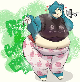 anthro barefoot belly beverage big_belly big_breasts biped blue_body blue_hair bodily_fluids breasts clothing coffee container cup double_chin drooling eyes_always_closed eyes_closed fart fart_cloud fart_fetish feet female green_fart_cloud hair heart_symbol holding_container holding_cup holding_mug holding_object leggings legwear mug musk navel obese obese_anthro obese_female onomatopoeia open_mouth open_smile overweight overweight_anthro overweight_female panty_peek pattern_clothing pattern_leggings pattern_legwear pokemorph saliva scratching_head shirt short_hair simple_background smile solo sound_effects standing text text_on_mug thick_thighs topwear undersized_clothing undersized_topwear white_background wide_hips yawn tongxuemian nintendo pokemon generation_1_pokemon mammal pokemon_(species) snorlax 2025 absurd_res digital_drawing_(artwork) digital_media_(artwork) english_text full-length_portrait hi_res korean_text portrait