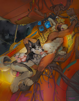 animal_genitalia animal_penis anthro anthro_on_anthro anthro_penetrated anthro_penetrating anthro_penetrating_anthro anus balls between_legs big_feet black_body black_fur black_nose blonde_hair blue_eyes cable canine_genitalia canine_penis cheek_tuft duo electronics erection eyes_closed facial_tuft feet fur futuristic genitals hair head_tuft male male/male male_penetrated male_penetrating male_penetrating_male monitor narrowed_eyes navel nude open_mouth open_smile orange_body orange_fur pawpads penetration penis penis_in_mouth pink_pawpads pubes pushbutton red_penis sex short_hair smile tuft white_balls white_body white_fur oselotti ailurid canid canine canis domestic_dog husky mammal nordic_sled_dog red_panda spitz absurd_res hi_res signature