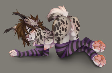 all_fours anthro anus armwear big_butt big_feet breasts brown_hair butt cheek_tuft chest_tuft clothing collar ear_tuft facial_tuft feet female fingerless_gloves fur genitals gloves grey_background hair handwear hanging_breasts innie_vulva legwear looking_at_viewer markings medium_breasts mostly_nude multicolored_body nipples pattern_armwear pattern_clothing pattern_legwear pawpads pink_nipples pink_pawpads short_hair short_tail side_view simple_background smile solo spots spotted_body spotted_fur striped_armwear striped_clothing striped_legwear stripes tail tan_body thigh_highs toeless_legwear tuft two_tone_body vulva whiskers yellow_eyes chesta zaire_(nightdancer) felid feline lynx mammal absurd_res hi_res