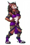 anthro biped claws clothed clothing digitigrade female fur green_eyes hair hands_on_hips navel simple_background smile smirk solo standing teeth toe_claws white_background hkluterman blizzard_entertainment warcraft canid mammal werecanid werecreature worgen digital_media_(artwork)