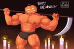 5_fingers abs areola big_pecs black_clothing black_underwear bulge candle candlelight clothed clothing detailed_bulge fingers fire food for_a_head fruit genital_outline holding_scythe holidays jack-o'-lantern light male melee_weapon muscular muscular_humanoid muscular_male nipples not_furry orange_body pecs penis_outline plant polearm pumpkin pumpkin_head scythe solo text topless underwear underwear_only weapon beefburner halloween humanoid object_head english_text hi_res